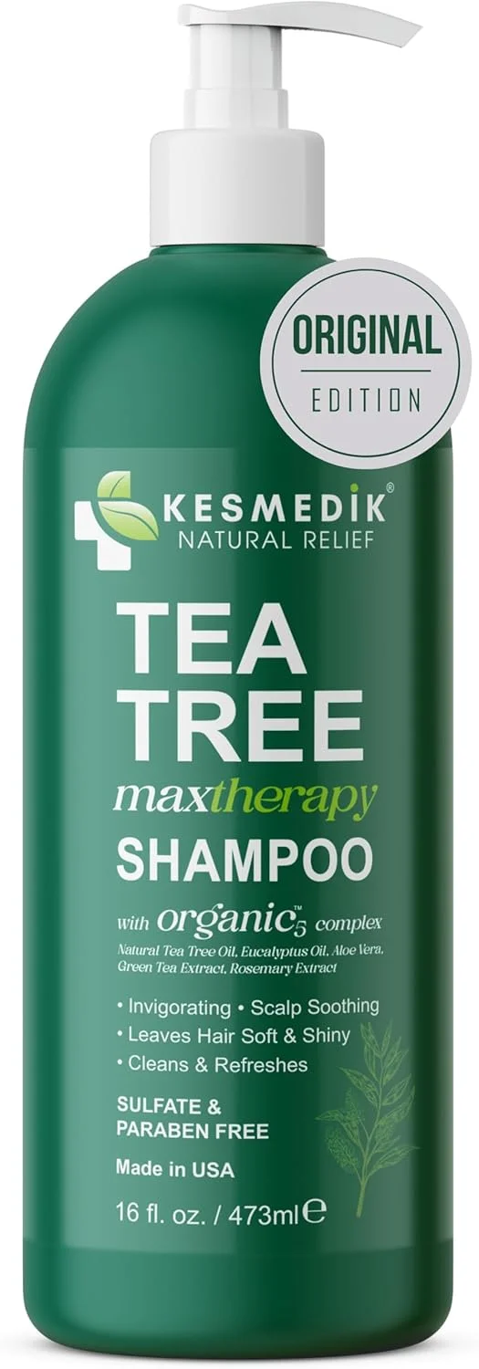 شامپو روغن درخت چای KESMEDIK مدل MaxTherapy | تسکین خارش پوست سر، ایجاد حس خنکی، رفع شوره سر، پوسته ها و تجمع مواد، تسکین دهنده تحریکات پوست سر، تقویت کننده و حجم دهنده، مناسب آقایان و بانوان، موهای چرب (473 میلی لیتر)