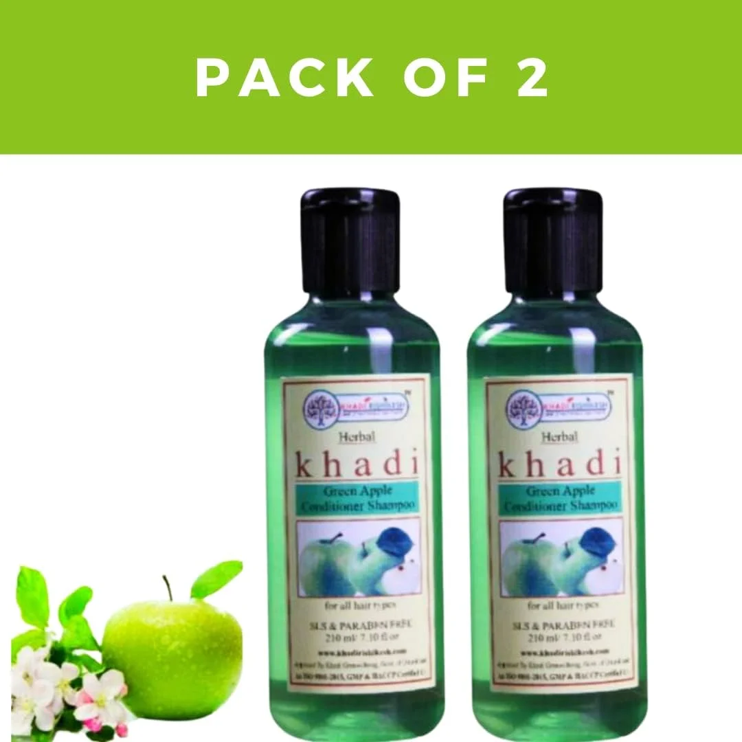 شامپو روزانه پاک کننده سیب سبز گیاهی KHADI RISHIKESH برای پوست سر چرب و کنترل ریزش مو، مناسب موهای چرب، پسران، دختران، مردان و زنان (210 میلی لیتر) (بسته 2 عددی (2x210 میلی لیتر))