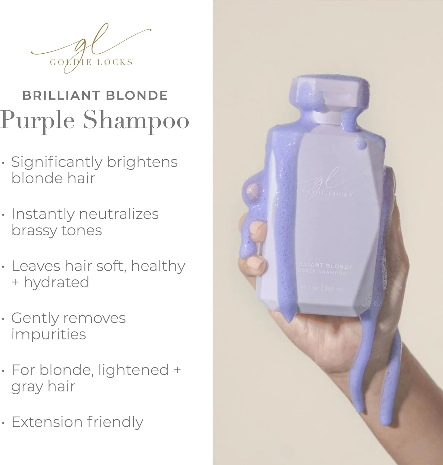 شامپو بنفش درخشان Goldie Locks برای موهای بلوند، روشن شده، خاکستری، اکستنشن، روشن کننده قابل توجه، تونر، از بین برنده زردی، بدون سولفات، مغذی، مرطوب کننده، 1000 میلی لیتر