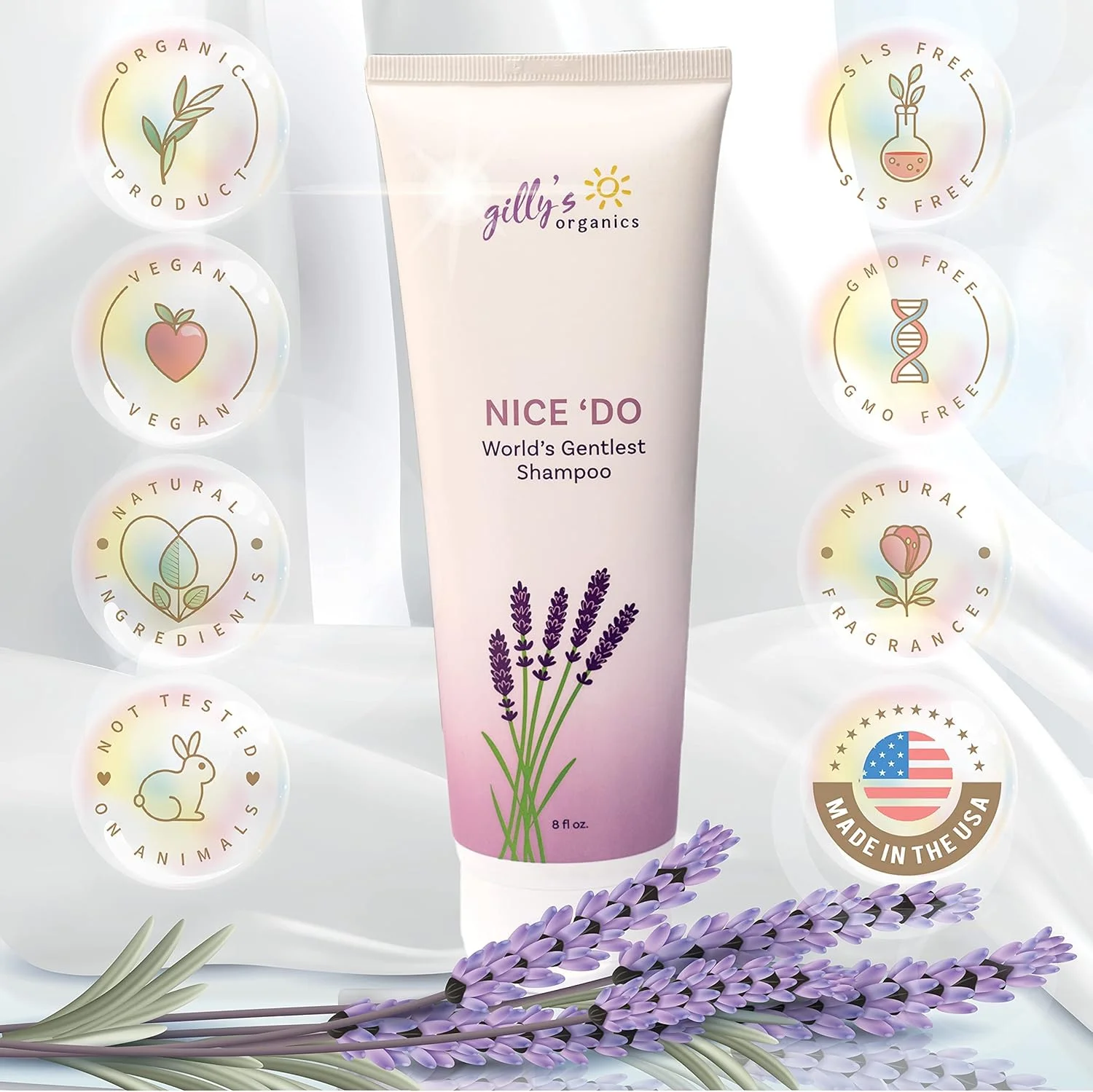 شامپو ارگانیک گیلیز - غنی شده با اسطوخودوس ارگانیک، آلوئه ورا، بابونه - وگان، بدون پارابن و سولفات - ساخت آمریکا - ملایم برای موهای خشک، مجعد، چرب، نازک و رنگ شده - مناسب آقایان و بانوان - 236 میلی لیتر