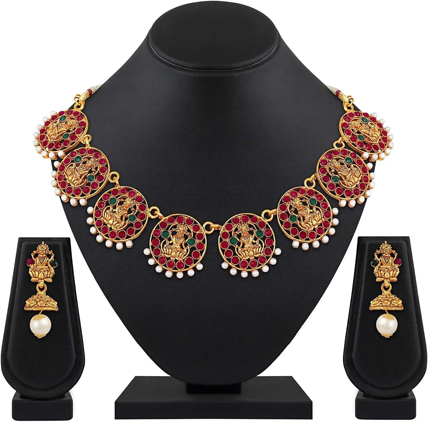 ست جواهرات شیک و مجلسی زنانه شامل گردنبند چوکر طرح معبد سنتی با روکش طلای 18 عیار