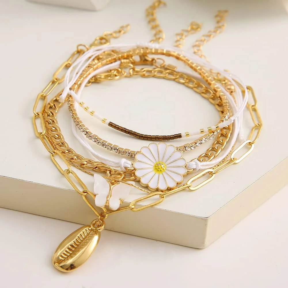 دستبند چند لایه شیک و جدید زنانه و دخترانه شاینینگ دیوا (rr14694b) ست 6 عددی، سایز آزاد، روکش طلا، بدون سنگ قیمتی دستبند چند لایه شیک و جدید زنانه و دخترانه شاینینگ دیوا (rr14694b) ست 6 عددی، سایز آزاد، روکش طلا، بدون سنگ قیمتی