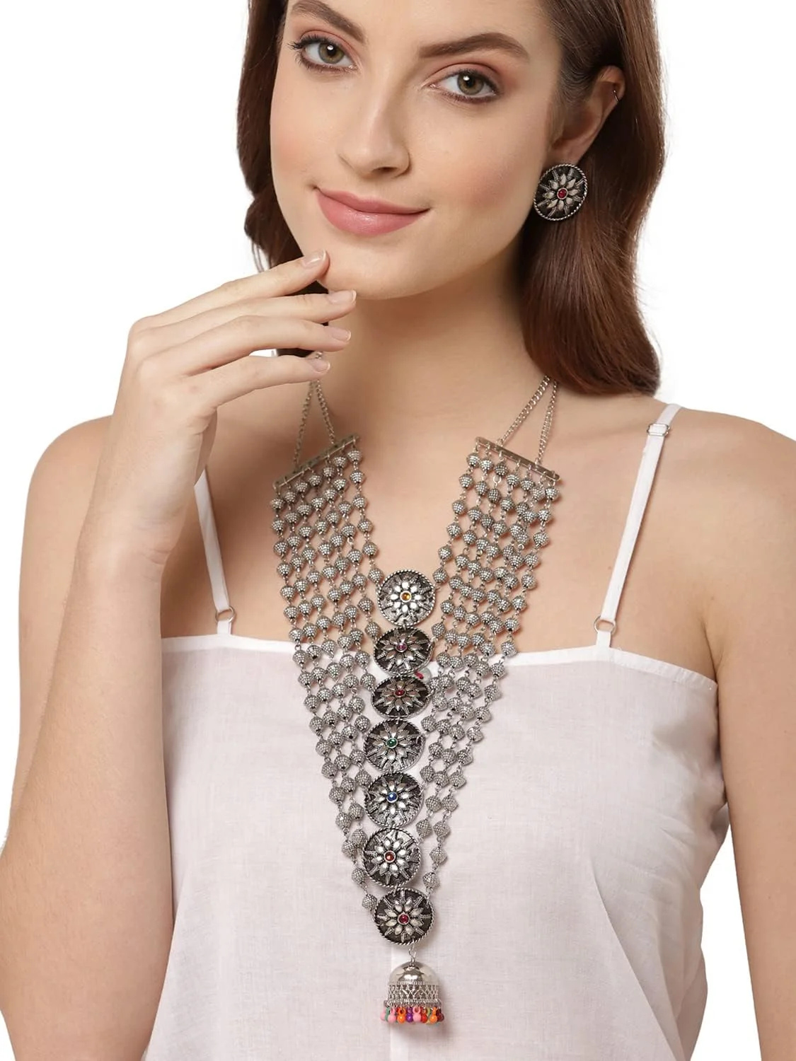ست جواهرات گردنبند نقره ای اکسیدایز شده شیک و مد روز زنانه Shining Diva Fashion (12391s)، سایز آزاد ست جواهرات گردنبند نقره ای اکسیدایز شده شیک و مد روز زنانه Shining Diva Fashion (12391s)، سایز آزاد