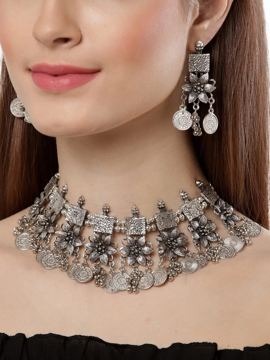ست جواهرات گردنبند نقره ای اکسیدایز شده شیک و مد روز زنانه Shining Diva Fashion (13124s) ست جواهرات گردنبند نقره ای اکسیدایز شده شیک و مد روز زنانه Shining Diva Fashion (13124s)