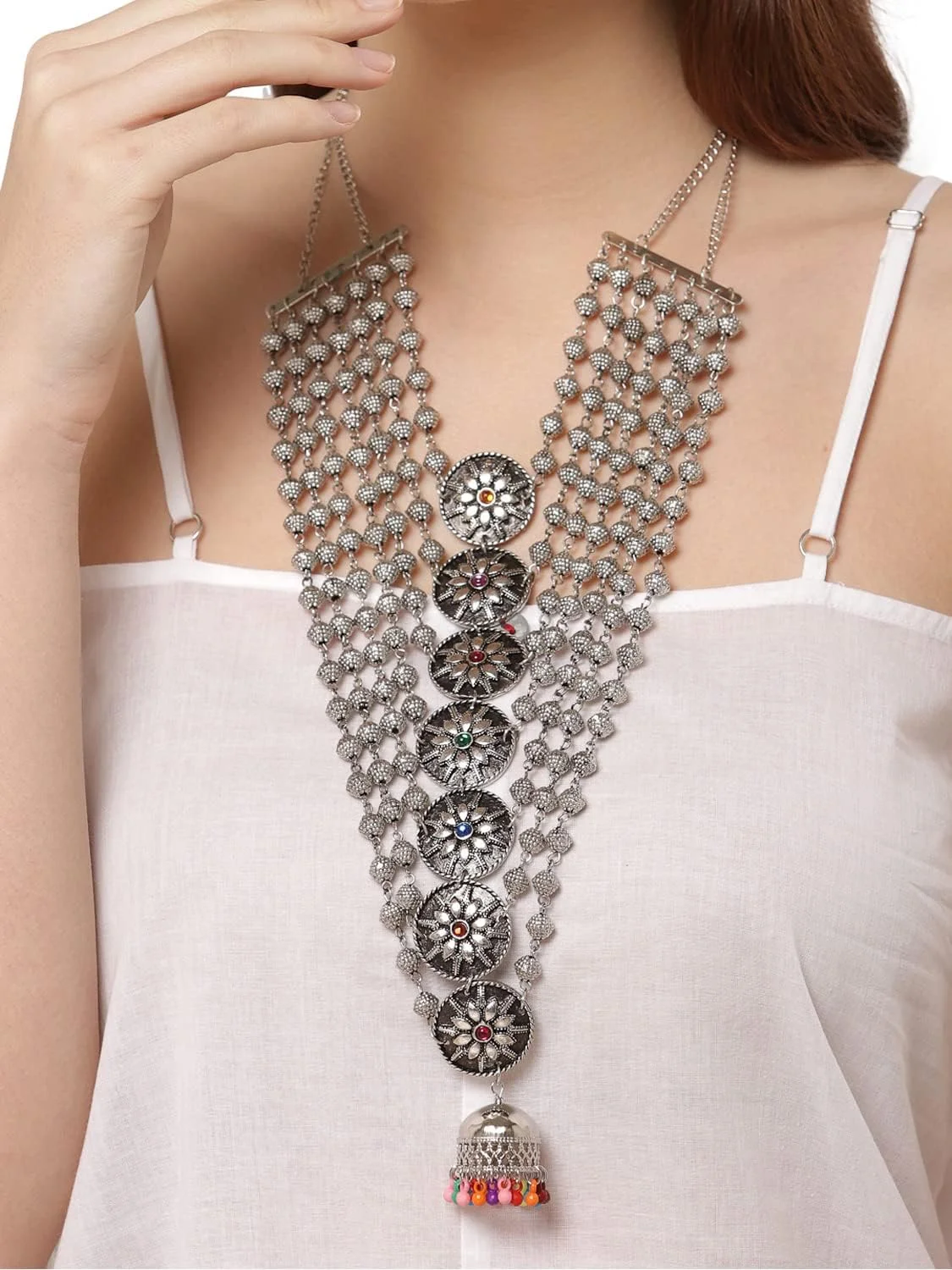 ست جواهرات گردنبند نقره ای اکسیدایز شده شیک و مد روز زنانه Shining Diva Fashion (12391s)، سایز آزاد ست جواهرات گردنبند نقره ای اکسیدایز شده شیک و مد روز زنانه Shining Diva Fashion (12391s)، سایز آزاد