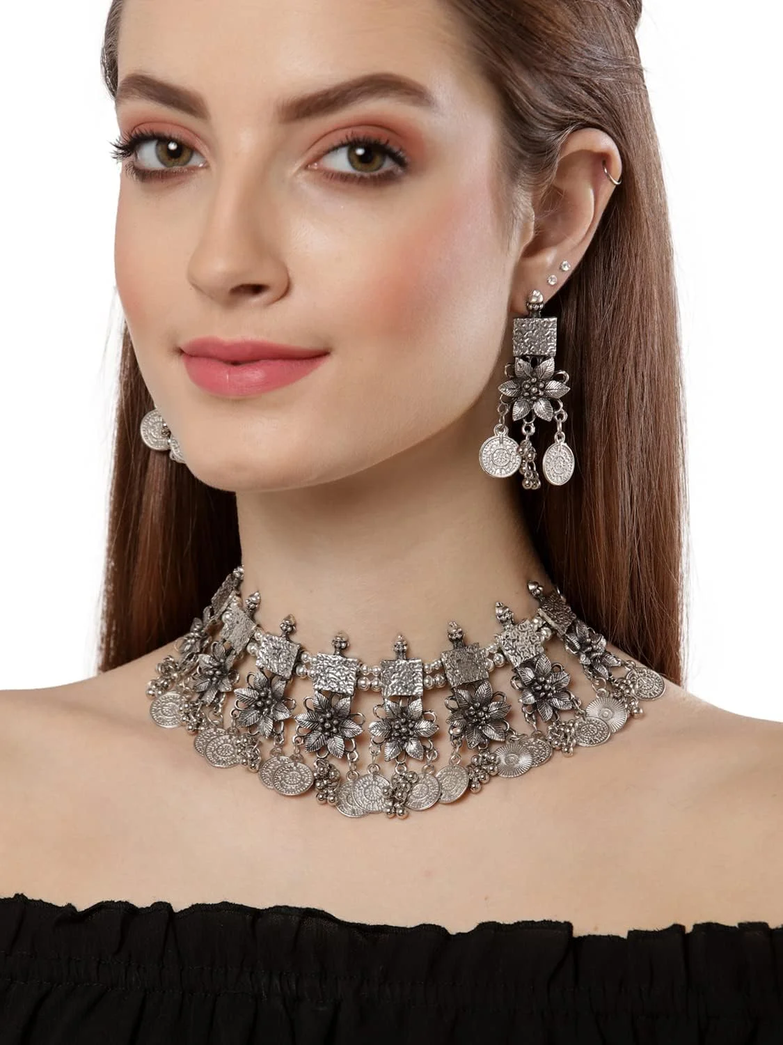 ست جواهرات گردنبند نقره ای اکسیدایز شده شیک و مد روز زنانه Shining Diva Fashion (13124s) ست جواهرات گردنبند نقره ای اکسیدایز شده شیک و مد روز زنانه Shining Diva Fashion (13124s)