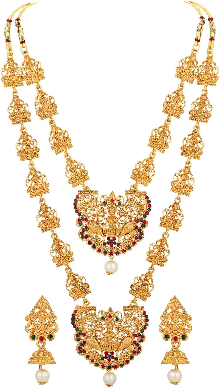 ست جواهرات گردنبند معبد سنتی بلند و کوتاه جدیدترین مدل آبکاری طلای 18 عیار زنانه Shining Diva Fashion
