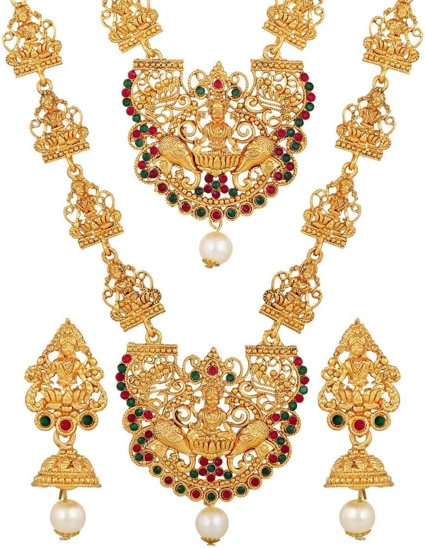 ست جواهرات گردنبند معبد سنتی بلند و کوتاه جدیدترین مدل آبکاری طلای 18 عیار زنانه Shining Diva Fashion ست جواهرات گردنبند معبد سنتی بلند و کوتاه جدیدترین مدل آبکاری طلای 18 عیار زنانه Shining Diva Fashion