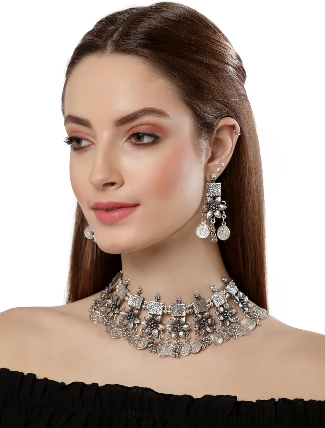 Shining Diva Fashion جدیدترین مدل گردنبند چوکر شیک و فانتزی اکسید شده سنتی برای زنان (rrsd13124s) - مشکی Shining Diva Fashion جدیدترین مدل گردنبند چوکر شیک و فانتزی اکسید شده سنتی برای زنان (rrsd13124s) - مشکی