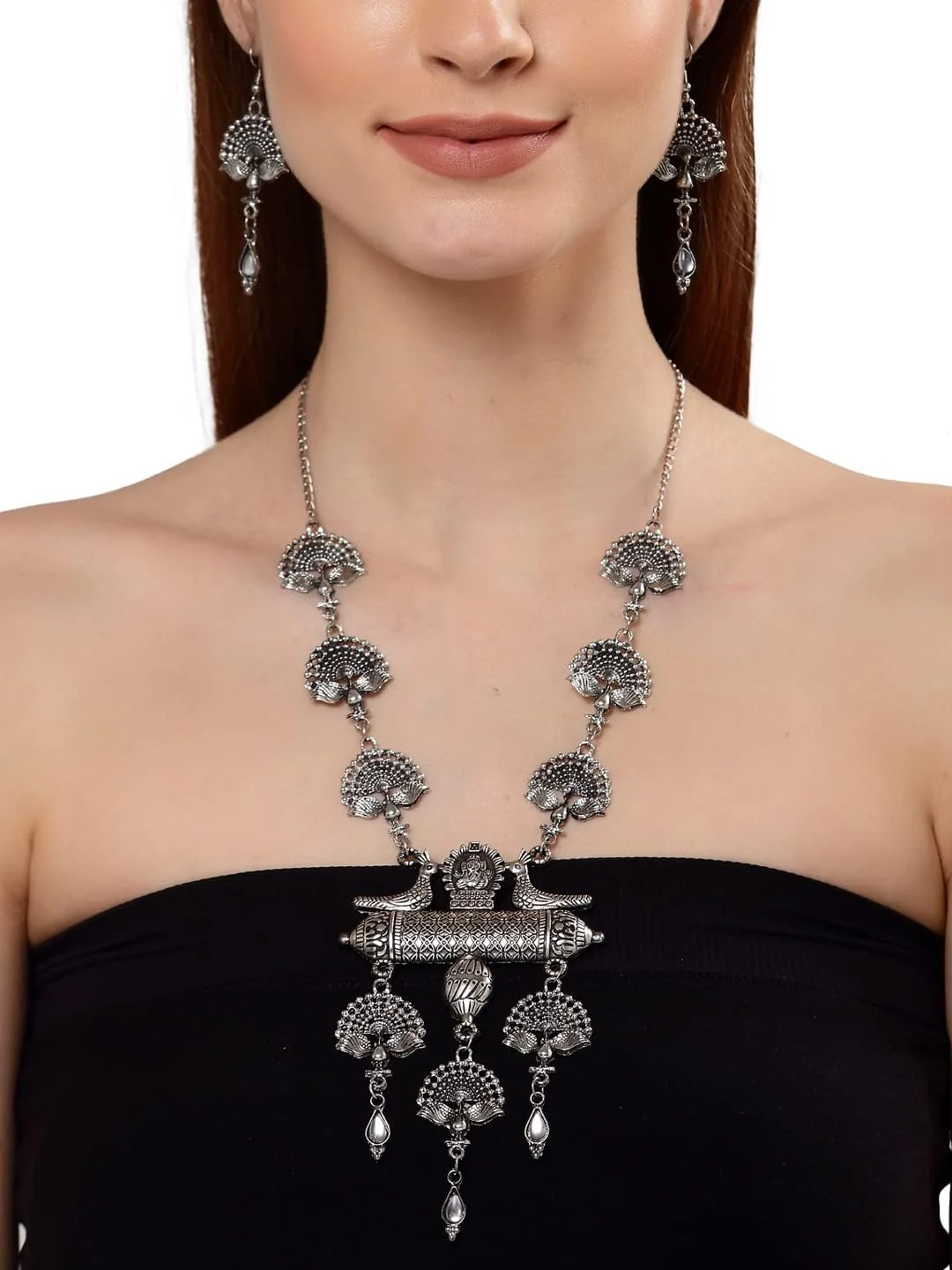 ست جواهرات گردنبند نقره ای اکسیدایز شده شیک و جدید زنانه Shining Diva Fashion (13160s)، سایز آزاد ست جواهرات گردنبند نقره ای اکسیدایز شده شیک و جدید زنانه Shining Diva Fashion (13160s)، سایز آزاد