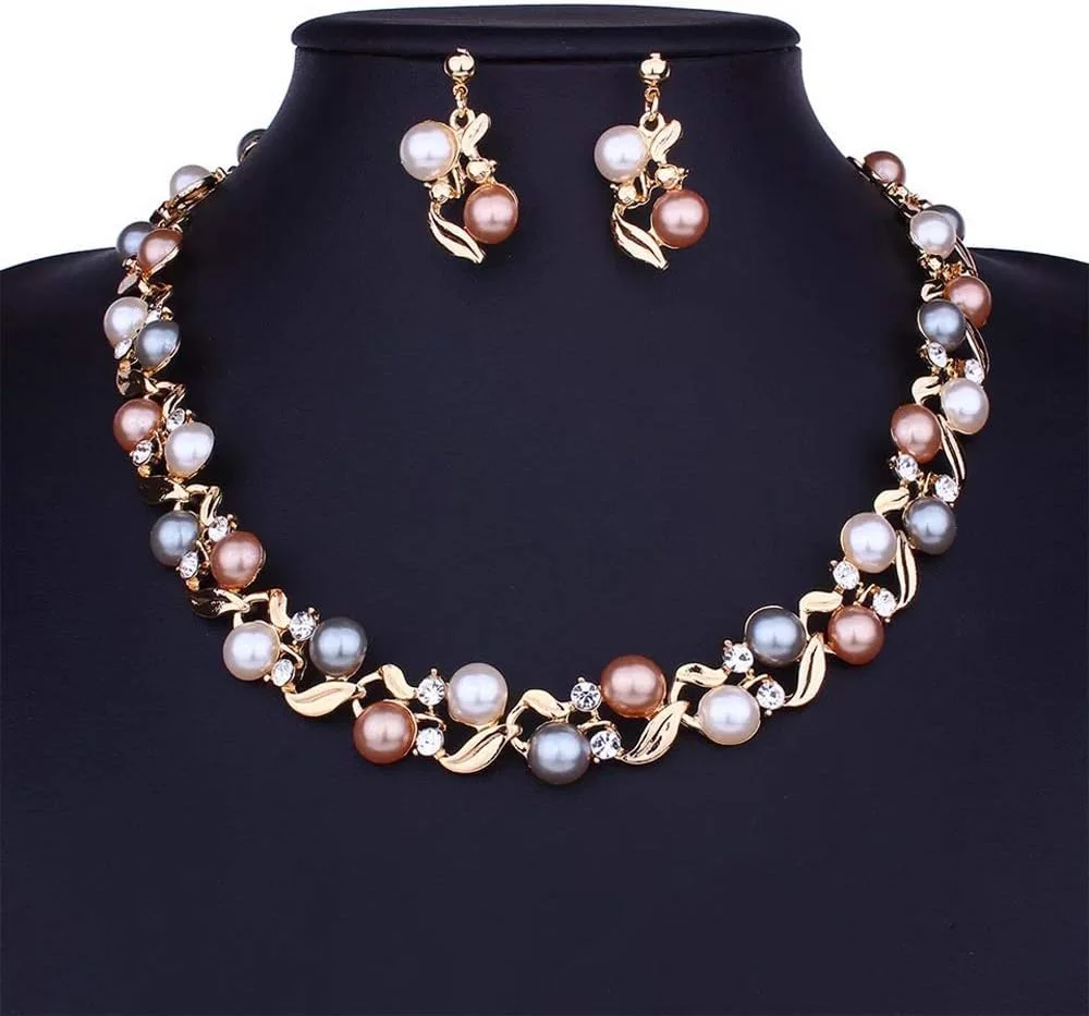 ست گردنبند مرواریدی آبکاری طلای 18 عیار Shining Diva Fashion / ست جواهرات با گوشواره های فانتزی برای دختران / زنان