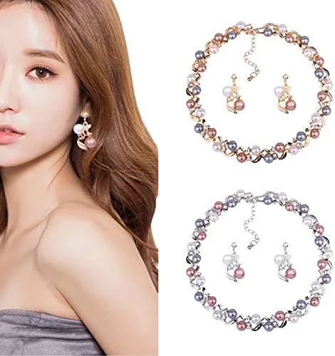 ست گردنبند مرواریدی آبکاری طلای 18 عیار Shining Diva Fashion / ست جواهرات با گوشواره های فانتزی برای دختران / زنان