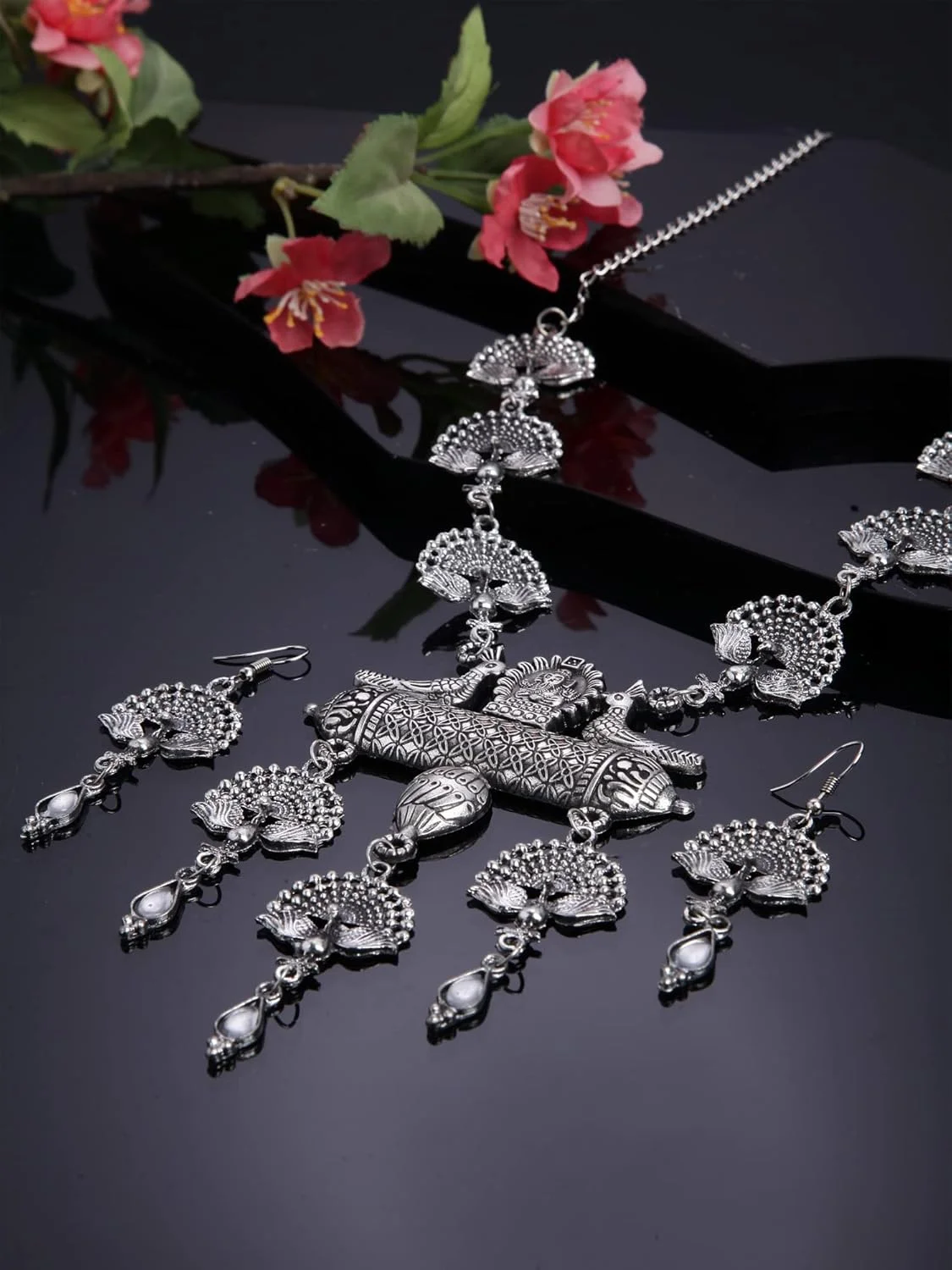 ست جواهرات گردنبند نقره ای اکسیدایز شده شیک و جدید زنانه Shining Diva Fashion (13160s)، سایز آزاد ست جواهرات گردنبند نقره ای اکسیدایز شده شیک و جدید زنانه Shining Diva Fashion (13160s)، سایز آزاد