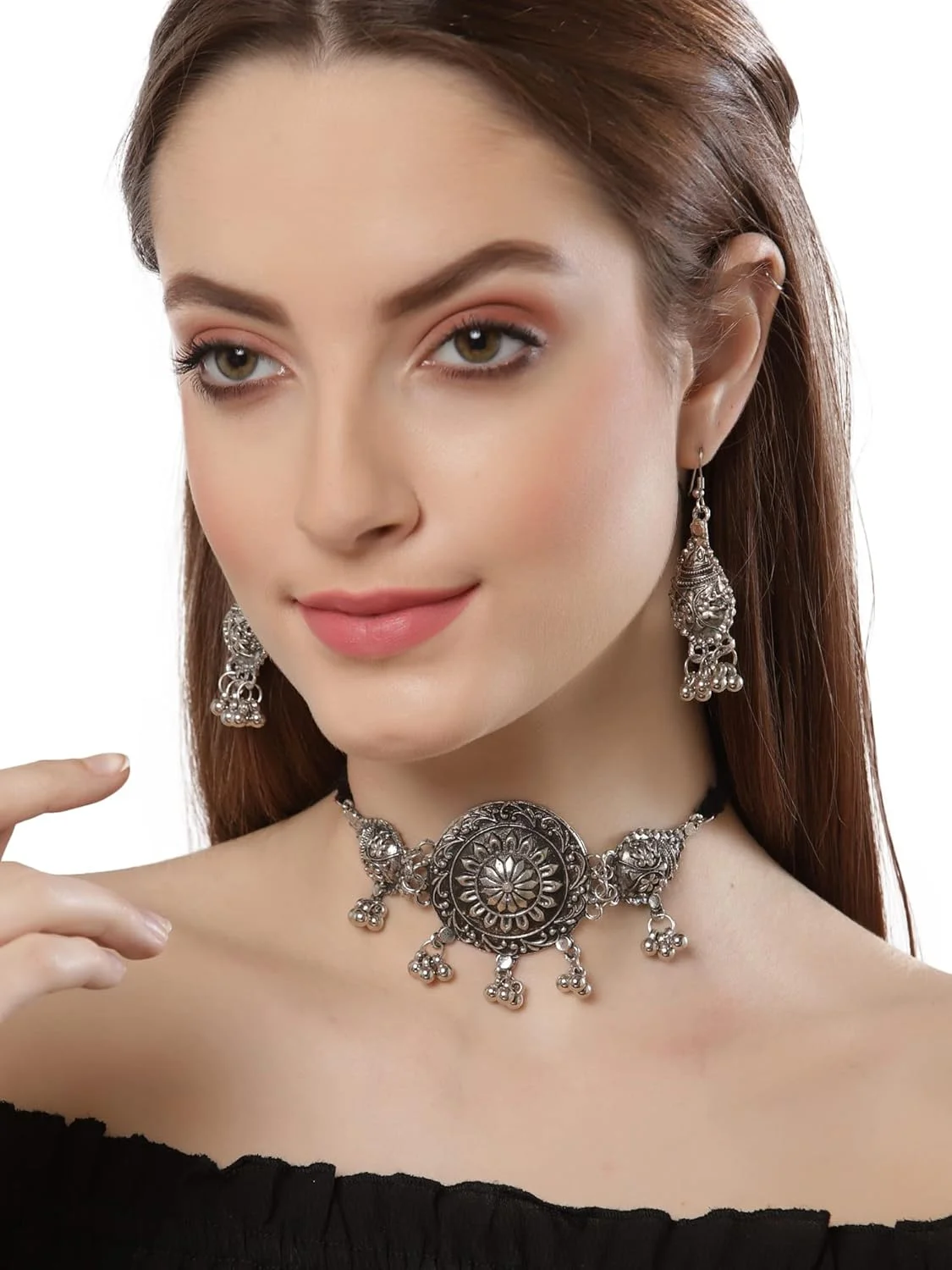 ست جواهرات گردنبند نقره ای اکسید شده شیک و مد روز زنانه Shining Diva Fashion (13117s) ست جواهرات گردنبند نقره ای اکسید شده شیک و مد روز زنانه Shining Diva Fashion (13117s)