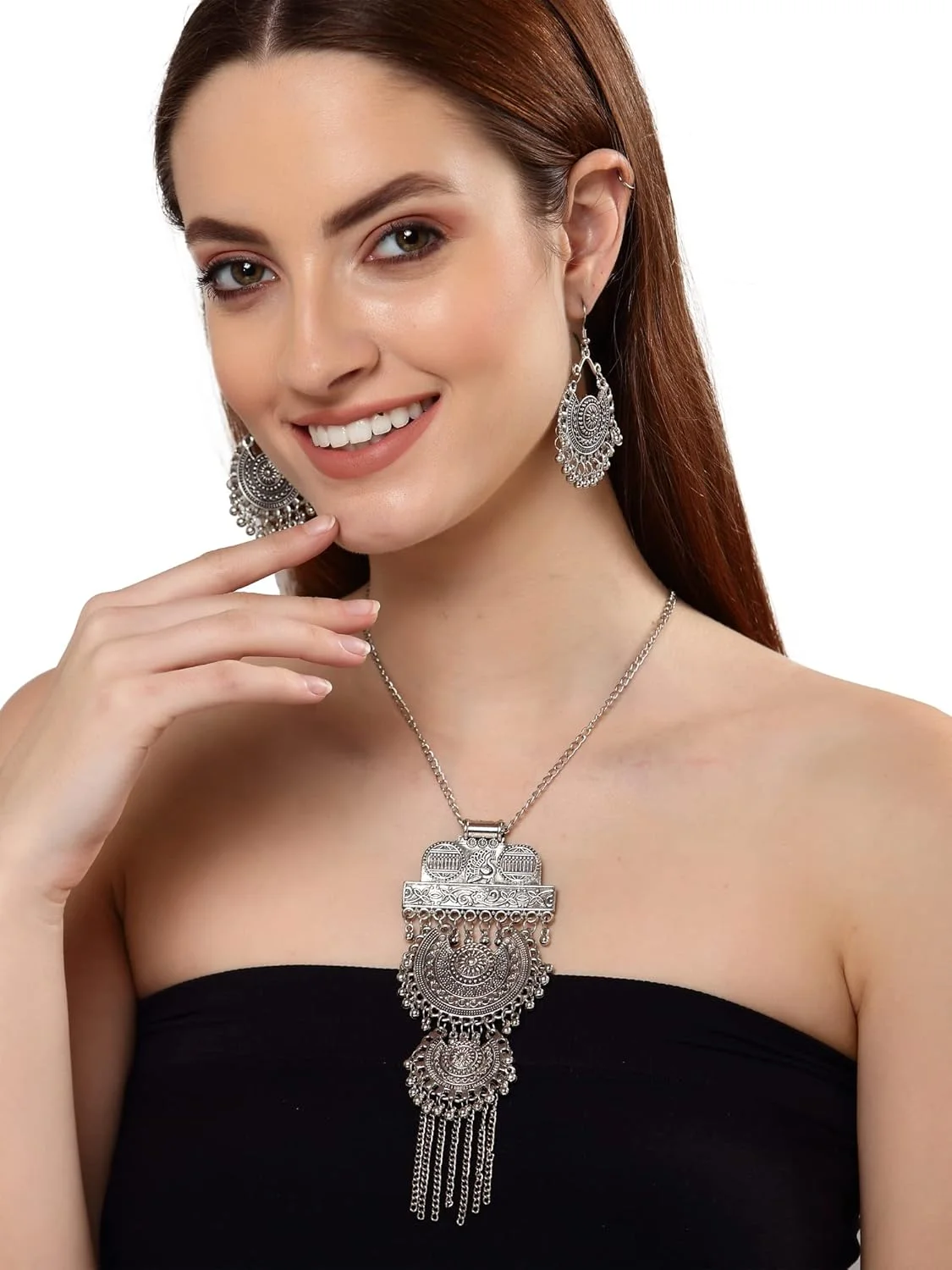 ست جواهرات گردنبند نقره ای اکسیدایز شده شیک و مد روز زنانه Shining Diva Fashion (13174s)، سایز آزاد ست جواهرات گردنبند نقره ای اکسیدایز شده شیک و مد روز زنانه Shining Diva Fashion (13174s)، سایز آزاد