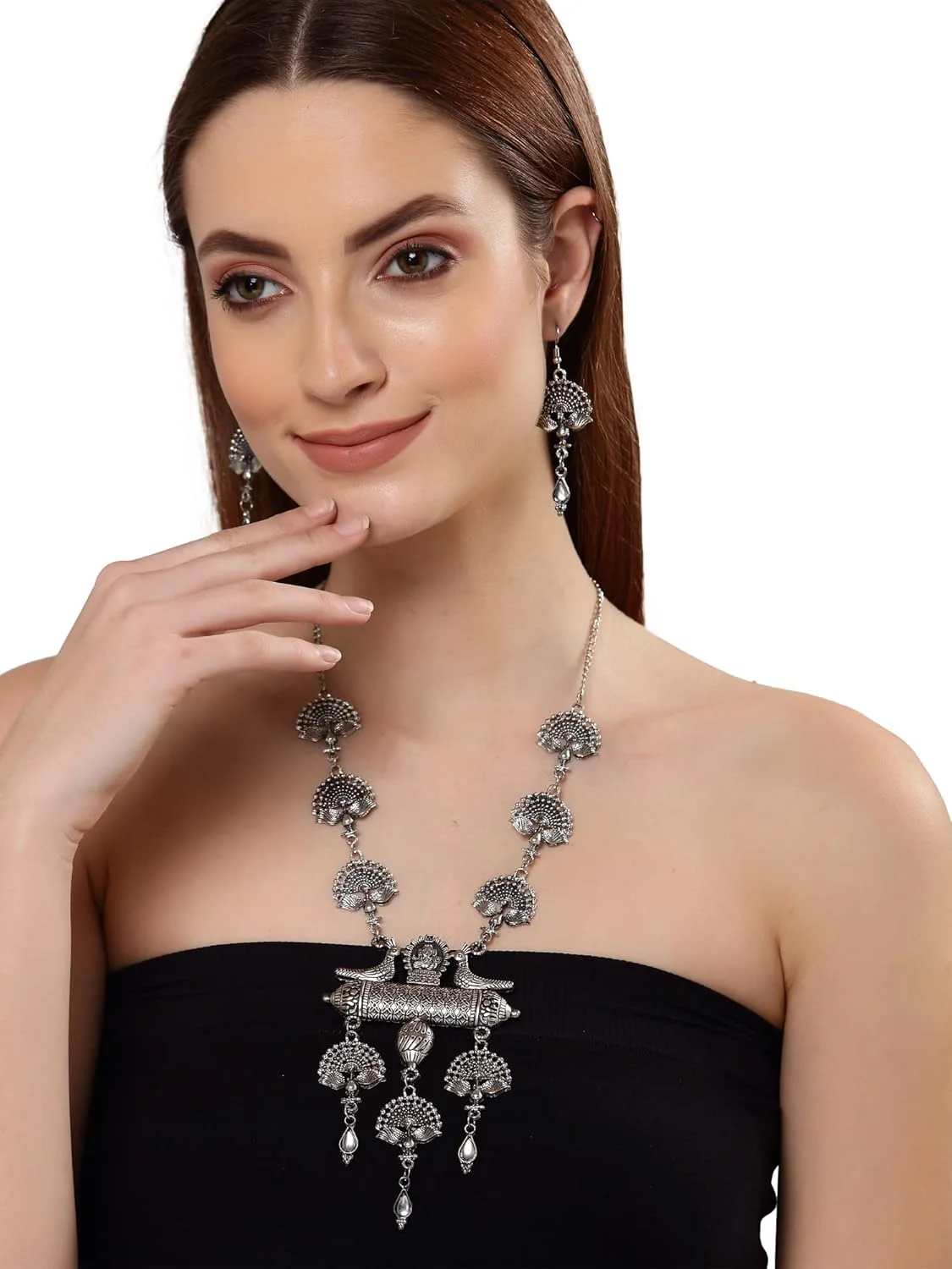 ست جواهرات گردنبند نقره ای اکسیدایز شده شیک و جدید زنانه Shining Diva Fashion (13160s)، سایز آزاد ست جواهرات گردنبند نقره ای اکسیدایز شده شیک و جدید زنانه Shining Diva Fashion (13160s)، سایز آزاد