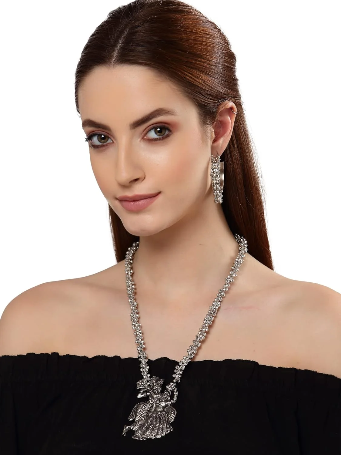 ست جواهرات گردنبند نقره ای اکسیدایز شده شیک و جدید زنانه Shining Diva Fashion (13135s)، سایز One Size ست جواهرات گردنبند نقره ای اکسیدایز شده شیک و جدید زنانه Shining Diva Fashion (13135s)، سایز One Size