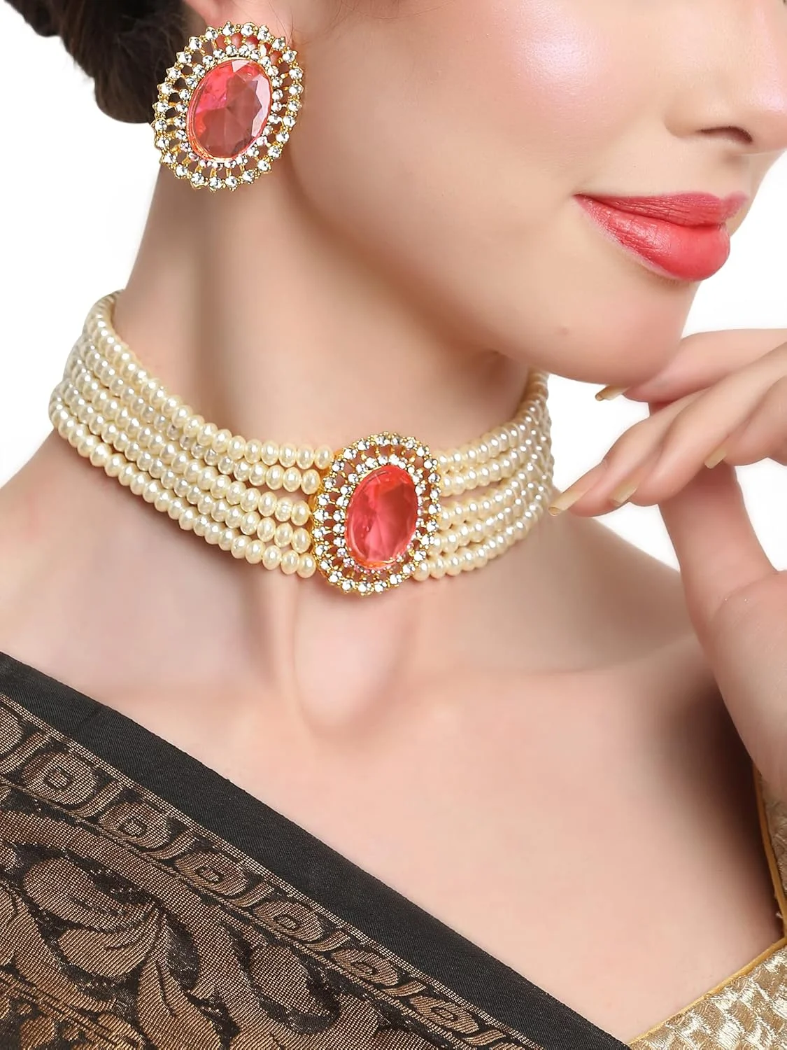 ست جواهرات گردنبند چوکر مرواریدی شیک و مجلسی زنانه با روکش طلای 18 عیار Shining Diva Fashion