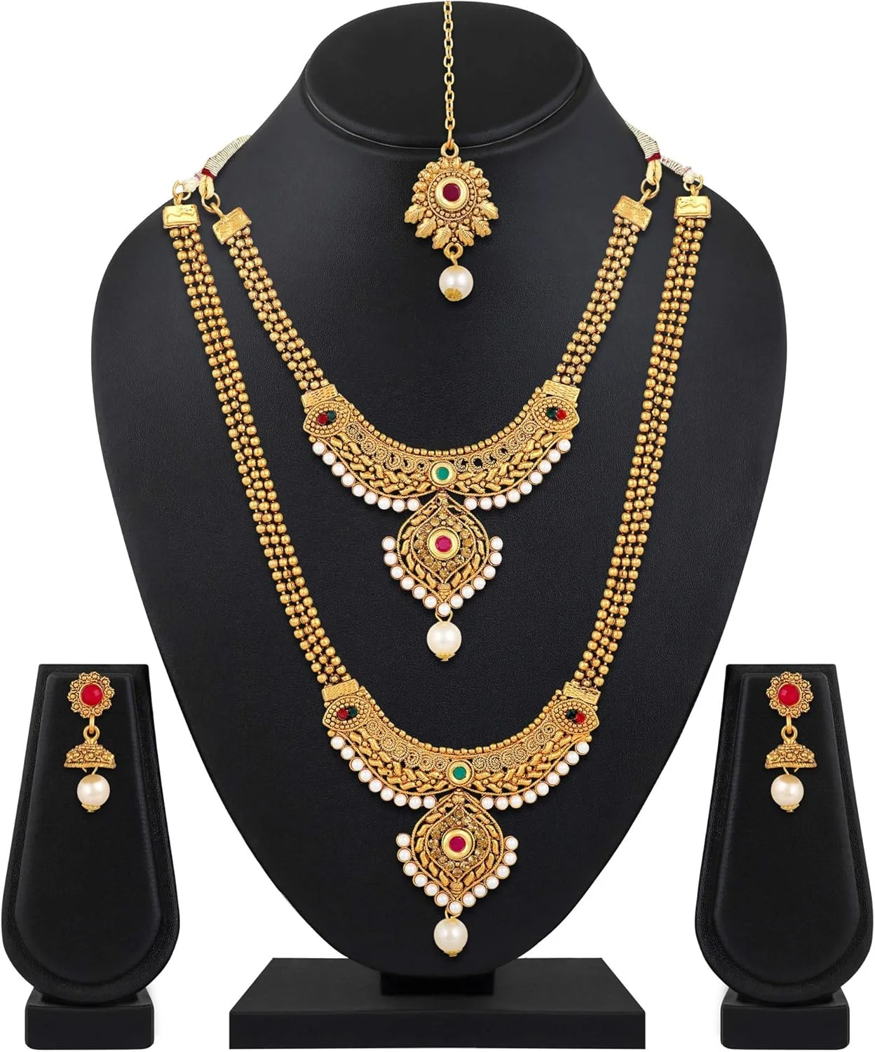 ست جواهرات مرواریدی سنتی شیک زنانه شامل گردنبند بلند و کوتاه با روکش طلای 18 عیار Shining Diva Fashion ست جواهرات مرواریدی سنتی شیک زنانه شامل گردنبند بلند و کوتاه با روکش طلای 18 عیار Shining Diva Fashion