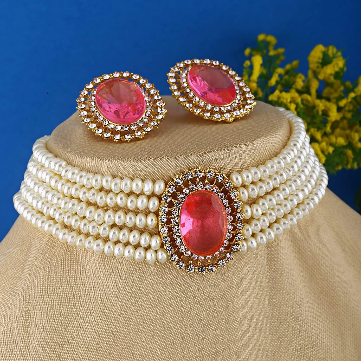 ست جواهرات گردنبند چوکر مرواریدی شیک و مجلسی زنانه با روکش طلای 18 عیار Shining Diva Fashion