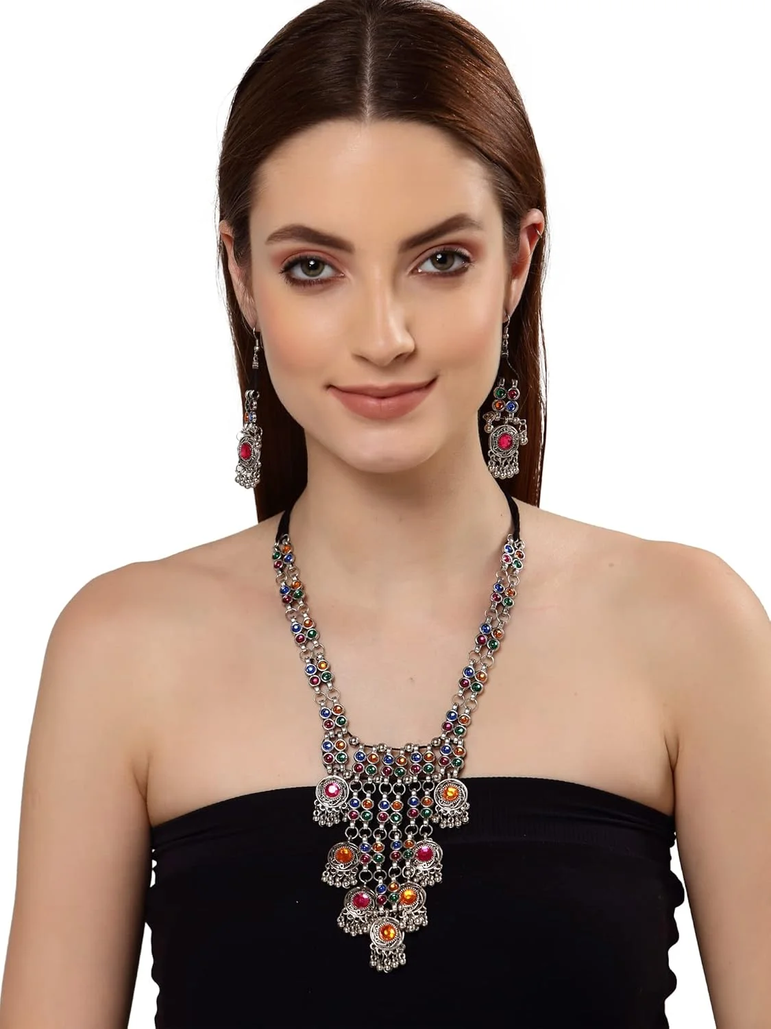 ست جواهرات گردنبند نقره ای اکسید شده شیک و مد روز زنانه Shining Diva Fashion (13110s)، سایز آزاد ست جواهرات گردنبند نقره ای اکسید شده شیک و مد روز زنانه Shining Diva Fashion (13110s)، سایز آزاد