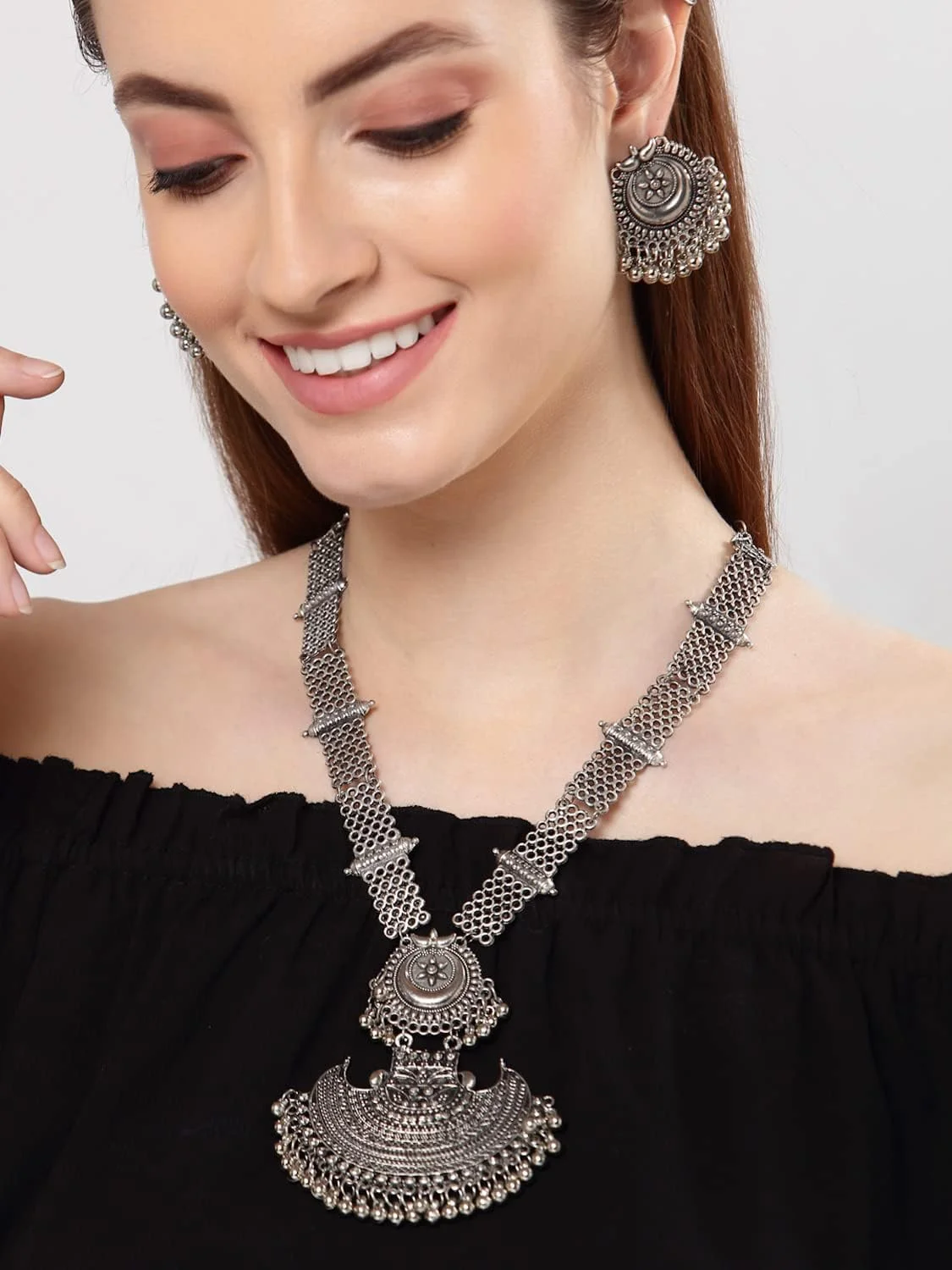 ست جواهرات گردنبند نقره ای اکسید شده شیک و مد روز زنانه Shining Diva Fashion (13112s)، تک سایز ست جواهرات گردنبند نقره ای اکسید شده شیک و مد روز زنانه Shining Diva Fashion (13112s)، تک سایز