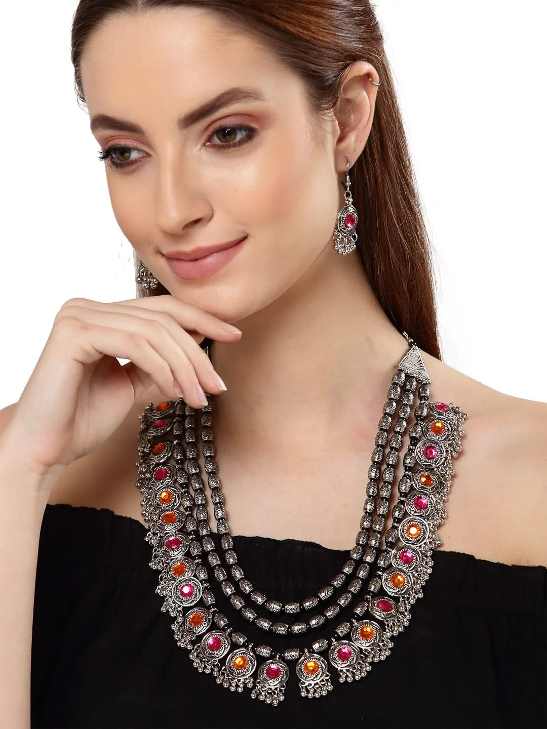 ست جواهرات گردنبند قبیله ای نقره ای اکسید شده شیک و فانتزی جدیدترین مد روز زنانه Shining Diva (12164s)، چند رنگ، یک عدد ست جواهرات گردنبند قبیله ای نقره ای اکسید شده شیک و فانتزی جدیدترین مد روز زنانه Shining Diva (12164s)، چند رنگ، یک عدد