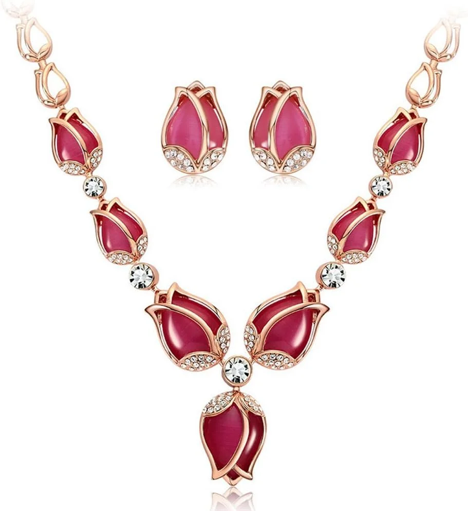 ست جواهرات زنانه شامل گردنبند و گوشواره با طراحی گل لاله رزگلد شیک و جدید Shining Diva Fashion (مدل 10103s)