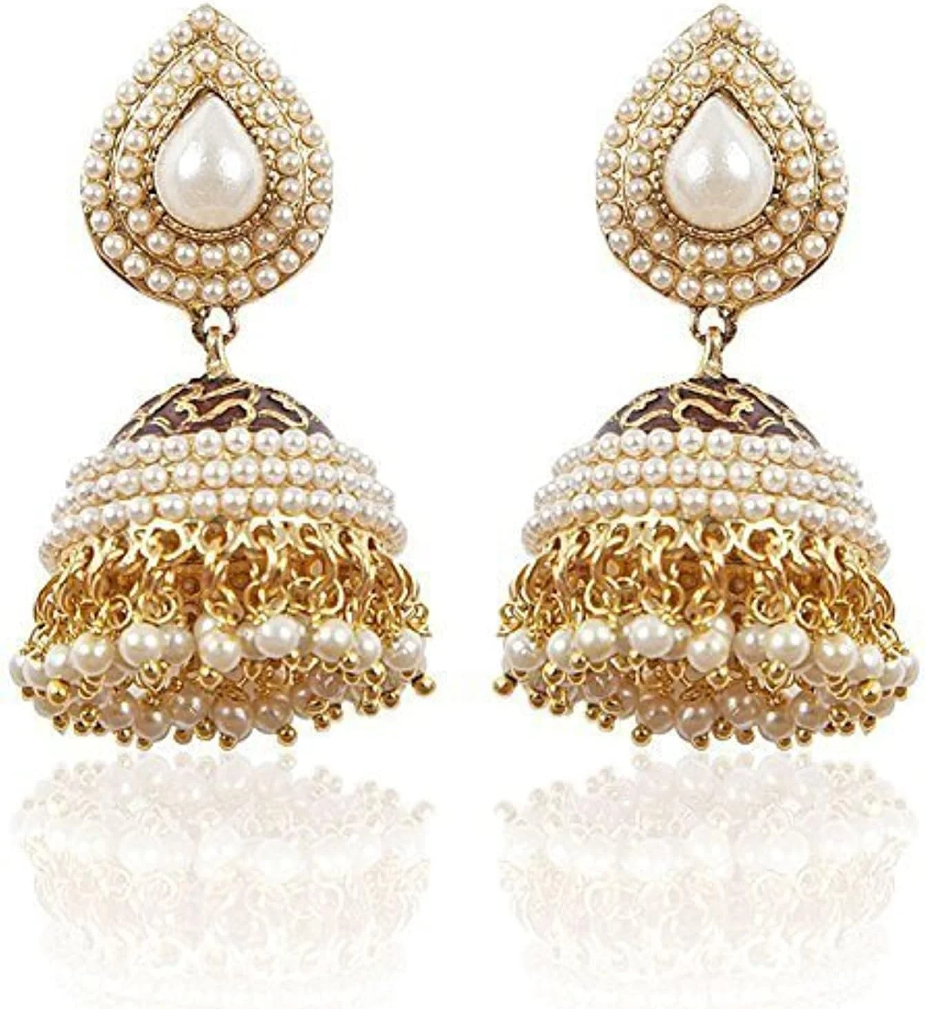 گوشواره های جومکی مرواریدی سنتی با روکش طلای سفید Shining Diva برای زنان و دختران (6822)