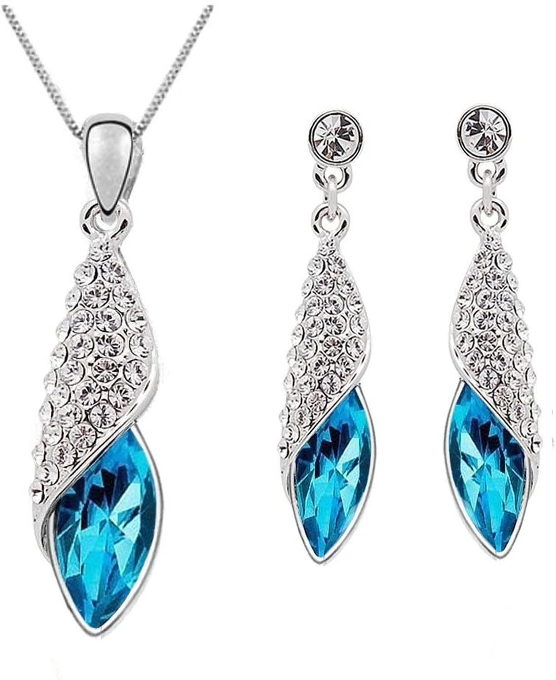 ست جواهرات گردنبند آویز کریستال آبی فشن شاینینگ دیوا با گوشواره و دستبند برای دختران و زنان