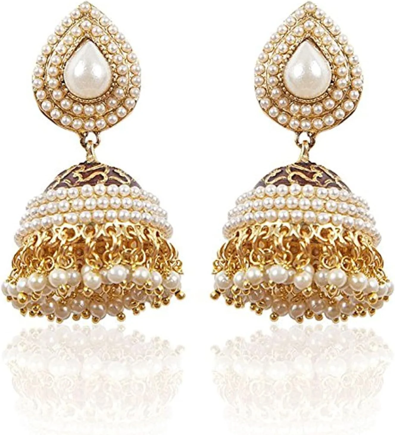 گوشواره های جومکی مرواریدی سنتی با روکش طلای سفید Shining Diva برای زنان و دختران (6822)