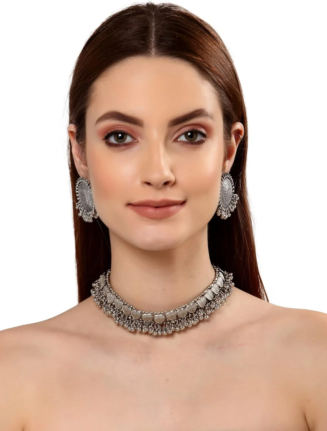 ست جواهرات گردنبند نقره ای اکسیدایز شده شیک و مد روز زنانه Shining Diva Fashion (13157s)، تک سایز ست جواهرات گردنبند نقره ای اکسیدایز شده شیک و مد روز زنانه Shining Diva Fashion (13157s)، تک سایز