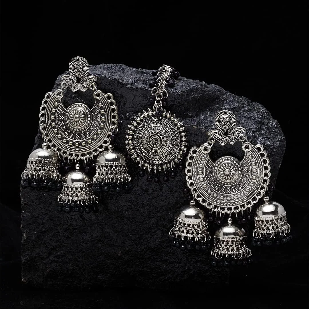 شاینینگ دیوا فشن، جدیدترین طراحی نقره ای اکسید شده، سبک عتیقه، مانگ تیکا شیک سنتی، ست گوشواره جومکا، زیورآلات زنانه