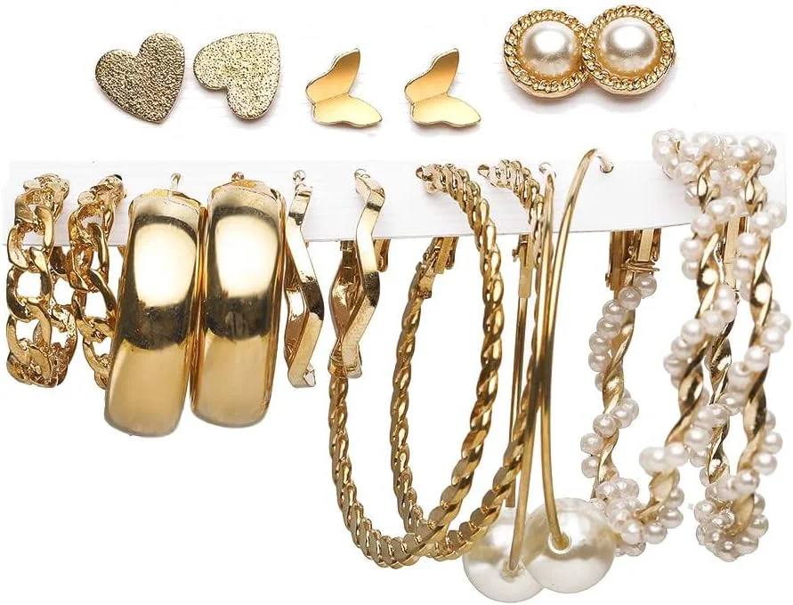 Shining Diva Fashion جدیدترین مدل گوشواره های شیک 9 جفتی زنانه و دخترانه (طلایی) (13670er)
