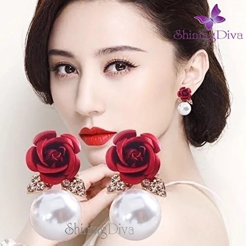 گوشواره های میخی زنانه نگین دار Shining Diva Fashion طرح گل مروارید قرمز شیک سنتی با روکش طلای 18 عیار (9594er) گوشواره های میخی زنانه نگین دار Shining Diva Fashion طرح گل مروارید قرمز شیک سنتی با روکش طلای 18 عیار (9594er)