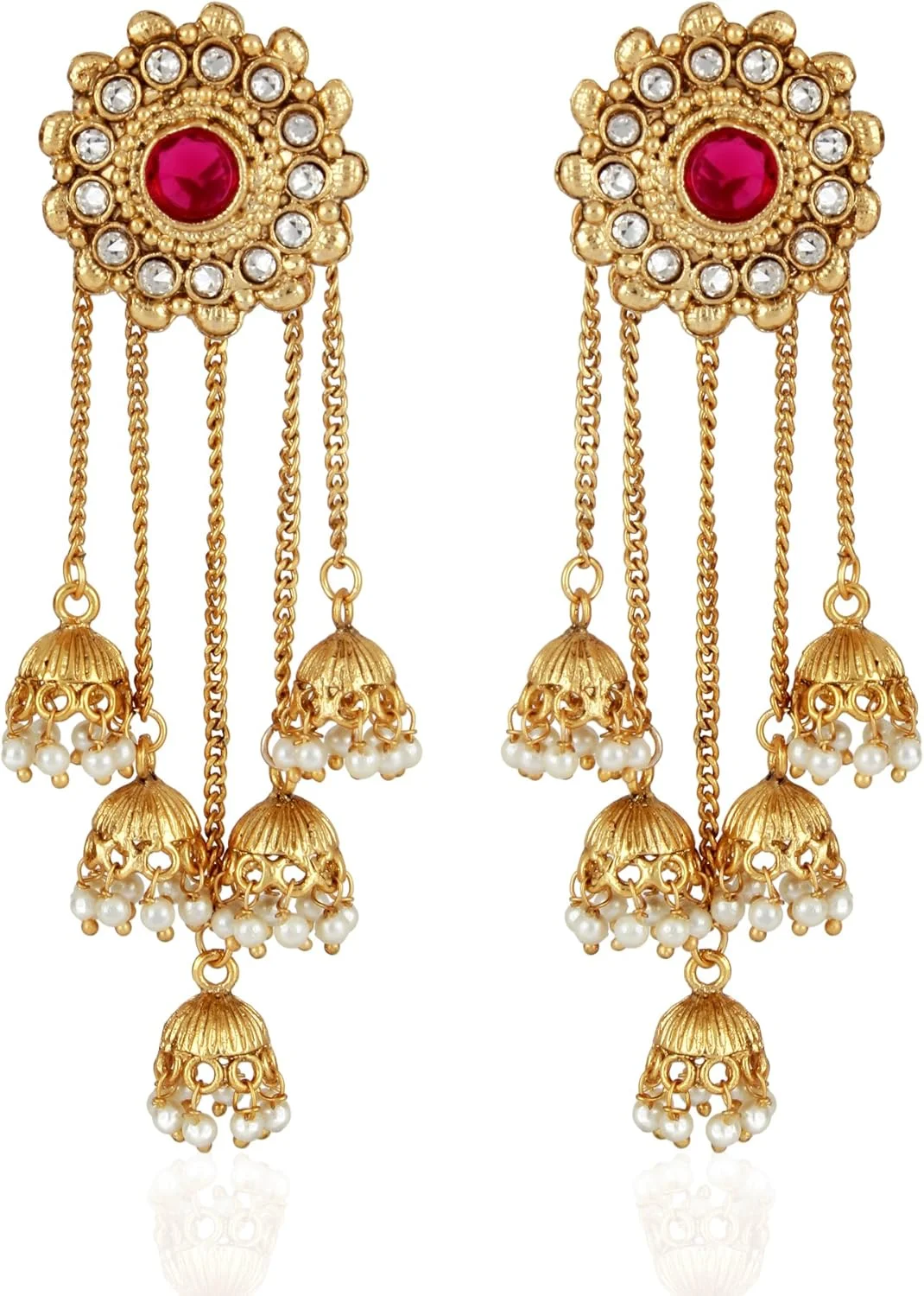 گوشواره های مجلسی زنانه و دخترانه مدل Jhumka Jhumki مرواریدی شیک با روکش طلایی Shining Diva Fashion (طلایی)(8460er)