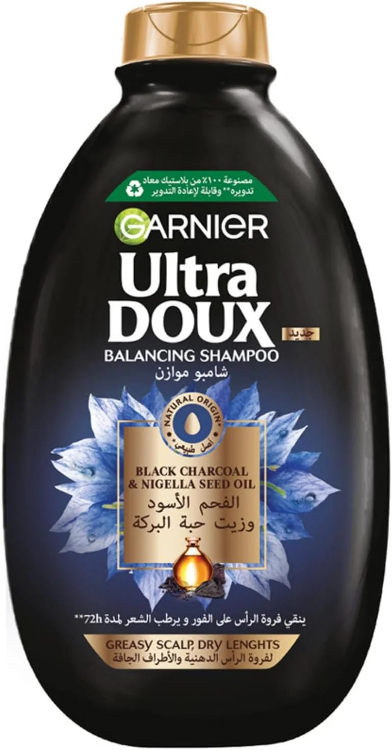 شامپو گارنیه Ultra Doux حاوی زغال سیاه و روغن دانه سیاهدانه، پاک کننده و درخشان کننده، 400 میلی لیتر