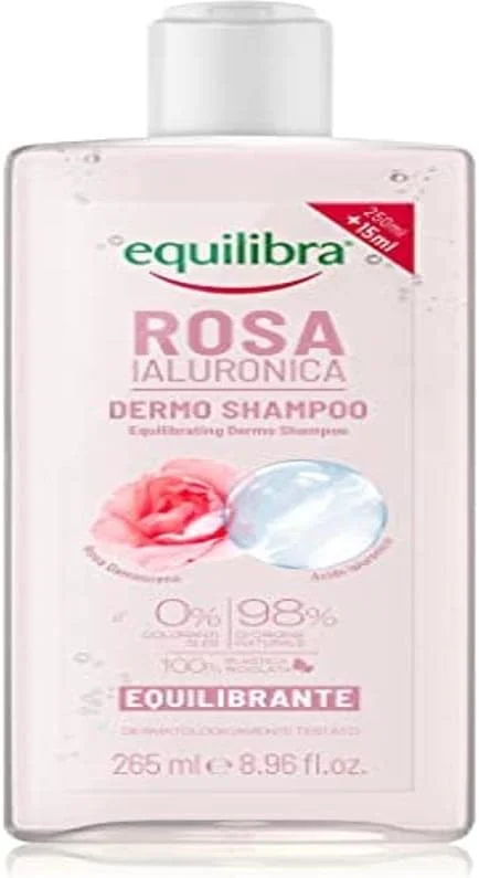 شامپو مو متعادل کننده درمو مو اکویلیبرا حاوی گل رز و هیالورونیک، شامپو ملایم مو با عصاره گل رز، اسید هیالورونیک، عصاره مرطوب کننده طبیعی چمن پایا 265 میلی لیتر