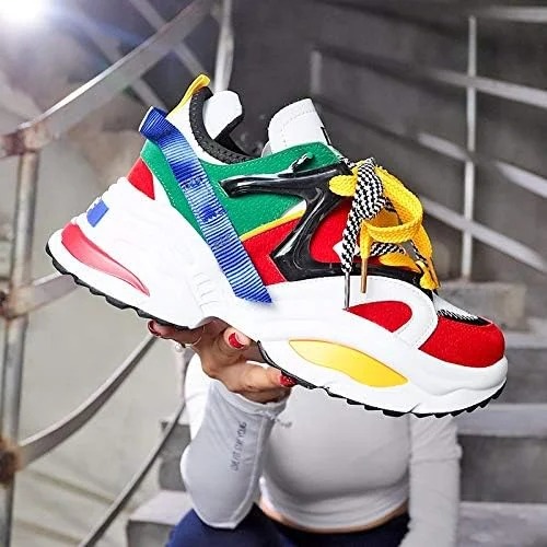 کفش‌های دویدن زنانه افزایش قد AWVP، 6 سانتی‌متر، قرمز سفید، کفش ورزشی زنانه در فضای باز، کفش ورزشی پاشنه بلند با بالشتک (رنگ: گل رز C، سایز کفش: 5)