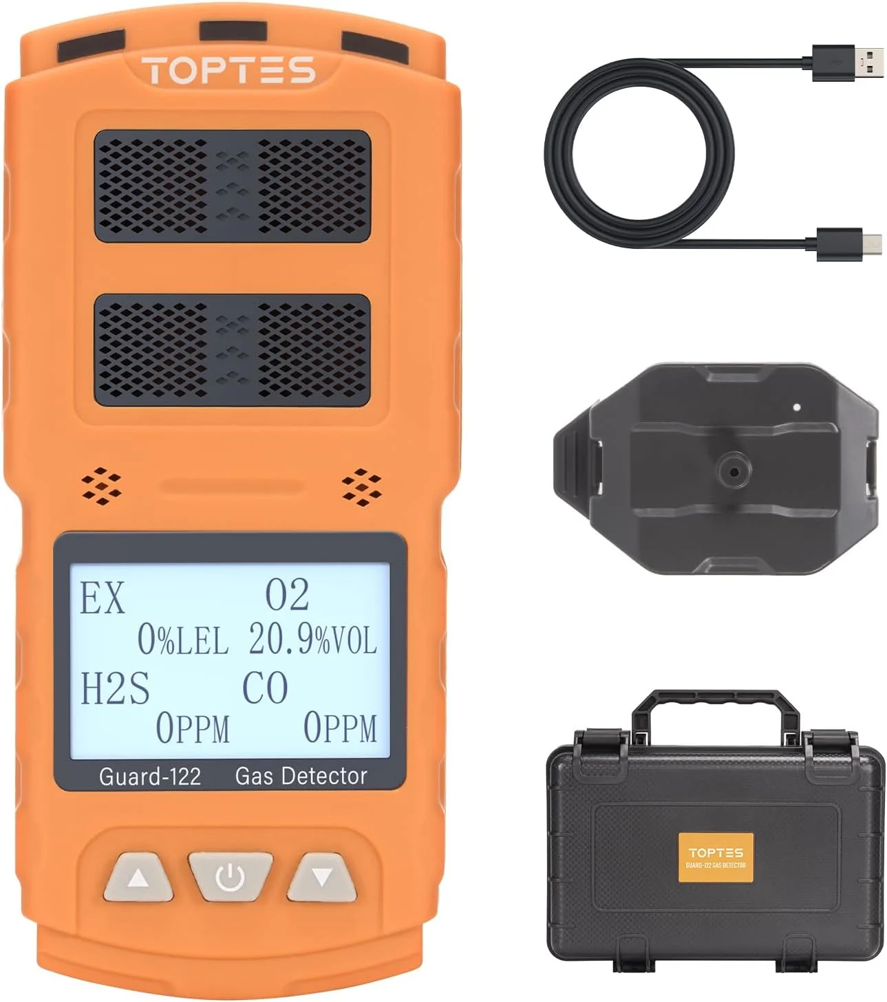 دستگاه تشخیص گاز چندگانه TopTes Guard-122 برای H2S، CO، LEL، O2، پاسخ 0.5 ثانیه، هشدارهای سه گانه، موقعیت سنسور در بالا برای تشخیص بدون مانع گاز، ایمنی ضد انفجار برای کار، خانه