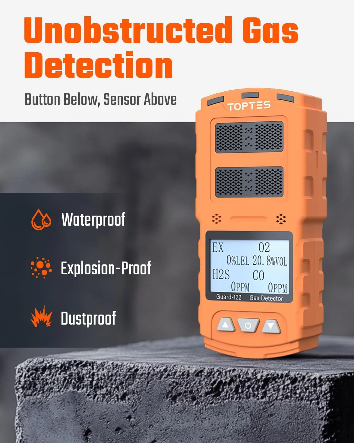دستگاه تشخیص گاز چندگانه TopTes Guard-122 برای H2S، CO، LEL، O2، پاسخ 0.5 ثانیه، هشدارهای سه گانه، موقعیت سنسور در بالا برای تشخیص بدون مانع گاز، ایمنی ضد انفجار برای کار، خانه