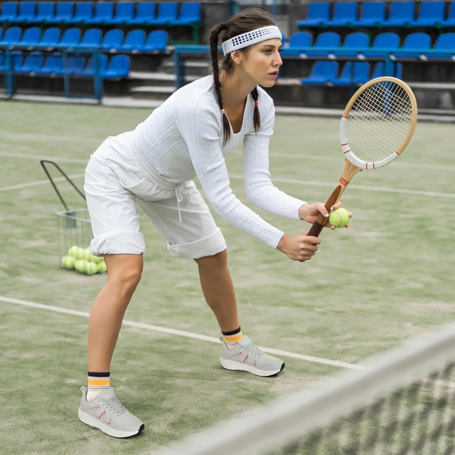 کفش ورزشی زنانه آلموسن: کفش پیاده روی توری تنفسی راحت، کفش دویدن، تنیس، تمرینات ورزشی، خاکستری، سایز 5