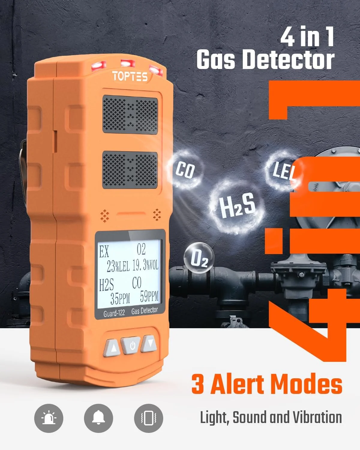 دستگاه تشخیص گاز چندگانه TopTes Guard-122 برای H2S، CO، LEL، O2، پاسخ 0.5 ثانیه، هشدارهای سه گانه، موقعیت سنسور در بالا برای تشخیص بدون مانع گاز، ایمنی ضد انفجار برای کار، خانه