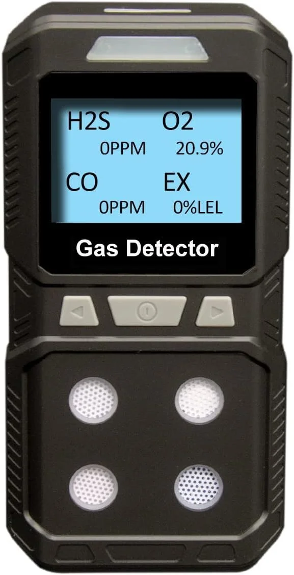 دستگاه تشخیص گاز GiiHoo، دستگاه تشخیص 4 گاز برای H2S، O2، CO و EX، مانیتور گاز قابل حمل با نور صدا، لرزش، صفحه نمایش LCD، دستگاه اندازه گیری چند گاز قابل شارژ (مشکی)