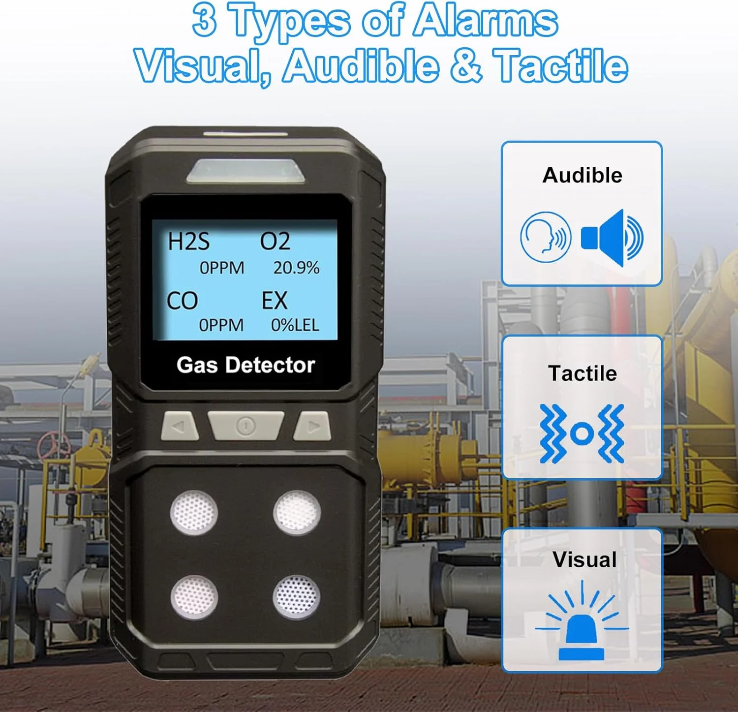 دستگاه تشخیص گاز GiiHoo، دستگاه تشخیص 4 گاز برای H2S، O2، CO و EX، مانیتور گاز قابل حمل با نور صدا، لرزش، صفحه نمایش LCD، دستگاه اندازه گیری چند گاز قابل شارژ (مشکی)
