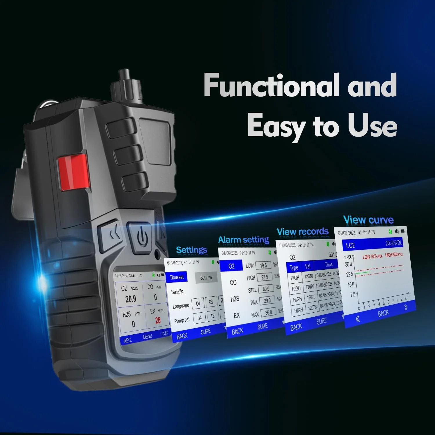 دتکتور گاز با پمپ، مانیتور 4 گازه، دتکتور چند گازه CO EX O2 H2S، مانیتور 4 گازه قابل شارژ 3000mAh با کیت کالیبراسیون، نمایشگر LCD قابل حمل با گیره، دتکتور گاز فاضلاب، متر 4 گازه