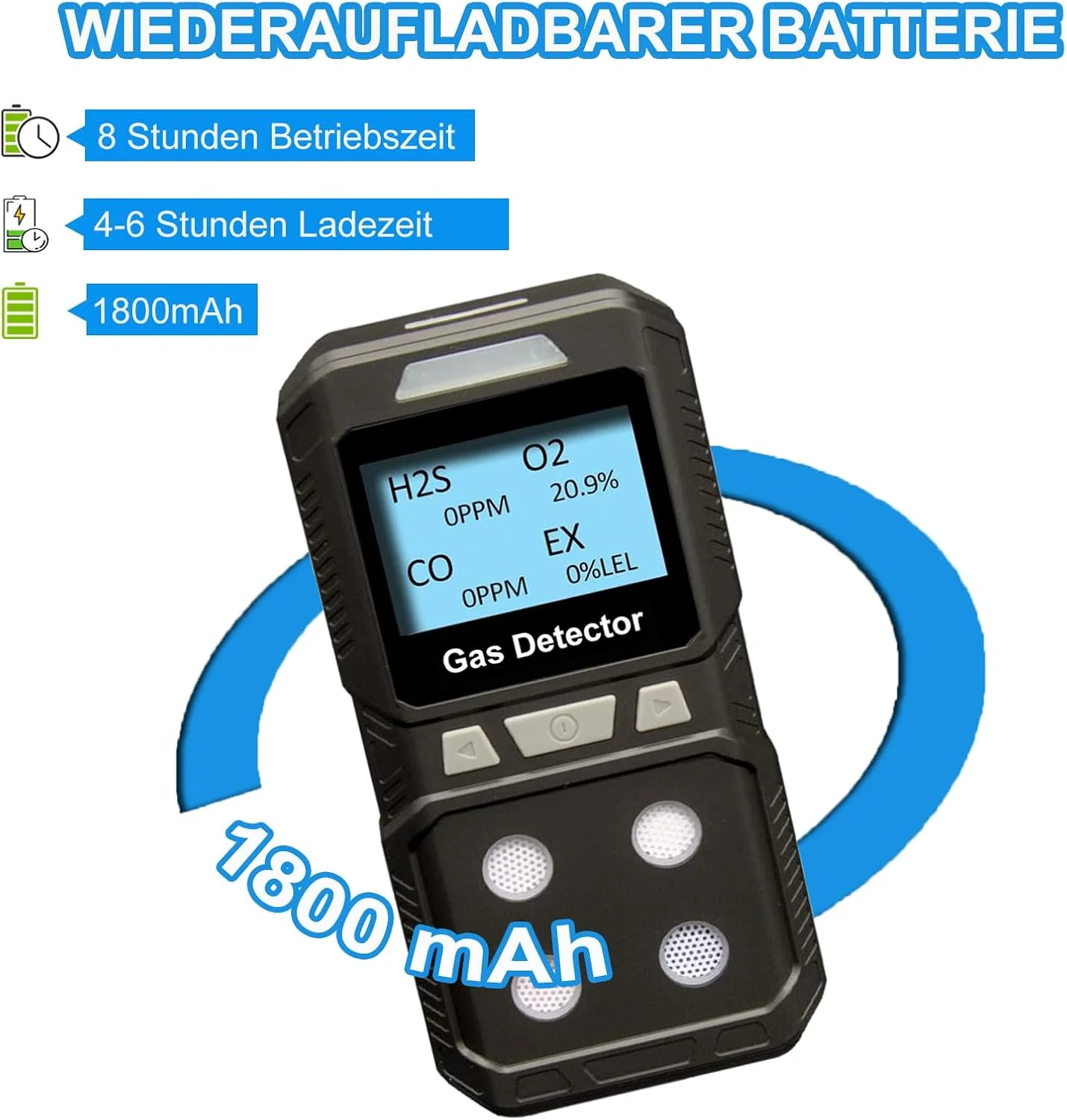 دستگاه تشخیص گاز GiiHoo، دستگاه تشخیص 4 گاز برای H2S، O2، CO و EX، مانیتور گاز قابل حمل با نور صدا، لرزش، صفحه نمایش LCD، دستگاه اندازه گیری چند گاز قابل شارژ (مشکی)