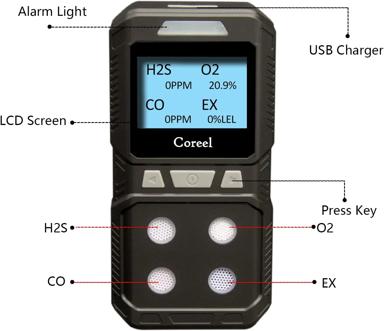 دستگاه تشخیص گاز 4 گانه Coreel، مانیتور قابل حمل گازهای CO، H2S، O2، EX - آماده برای استفاده (مشکی)