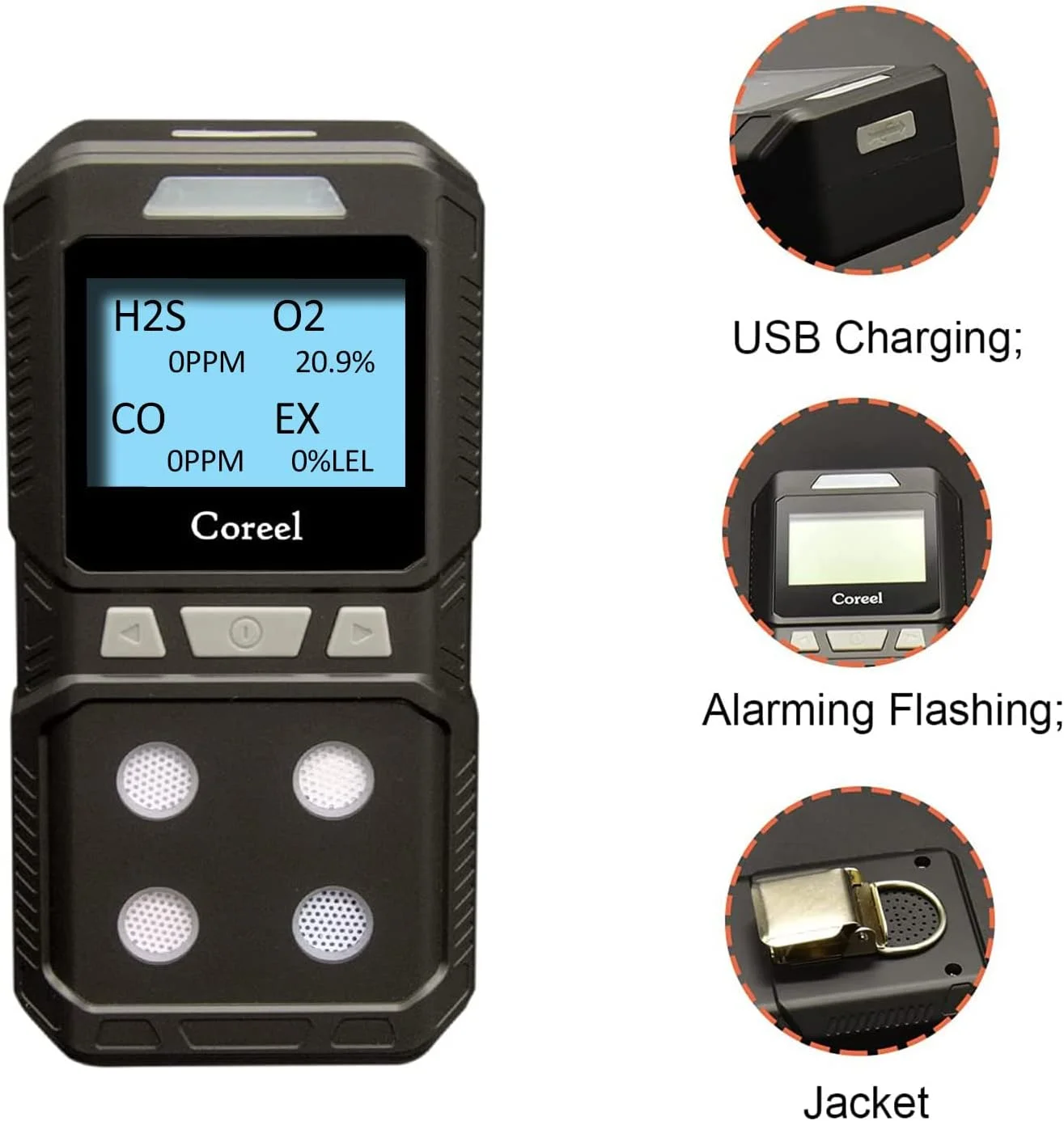 دستگاه تشخیص گاز 4 گانه Coreel، مانیتور قابل حمل گازهای CO، H2S، O2، EX - آماده برای استفاده (مشکی)