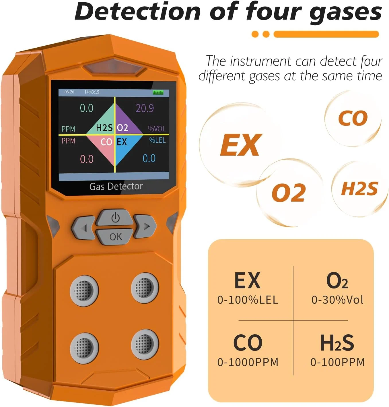 دستگاه مانیتور 4 گازه، قابل تشخیص O2 CO، H2S و LEL. نمایش داده های منحنی گاز چند کاناله به صورت لحظه ای. صفحه نمایش LCD رنگی HD. دارای آلارم های لرزشی، دیداری و شنیداری.